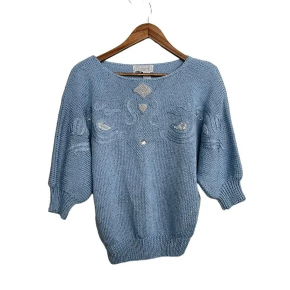 Vintage Womens Blue Chunky Knit Embroidered Embellished Dolman 3/4 Sweater Large