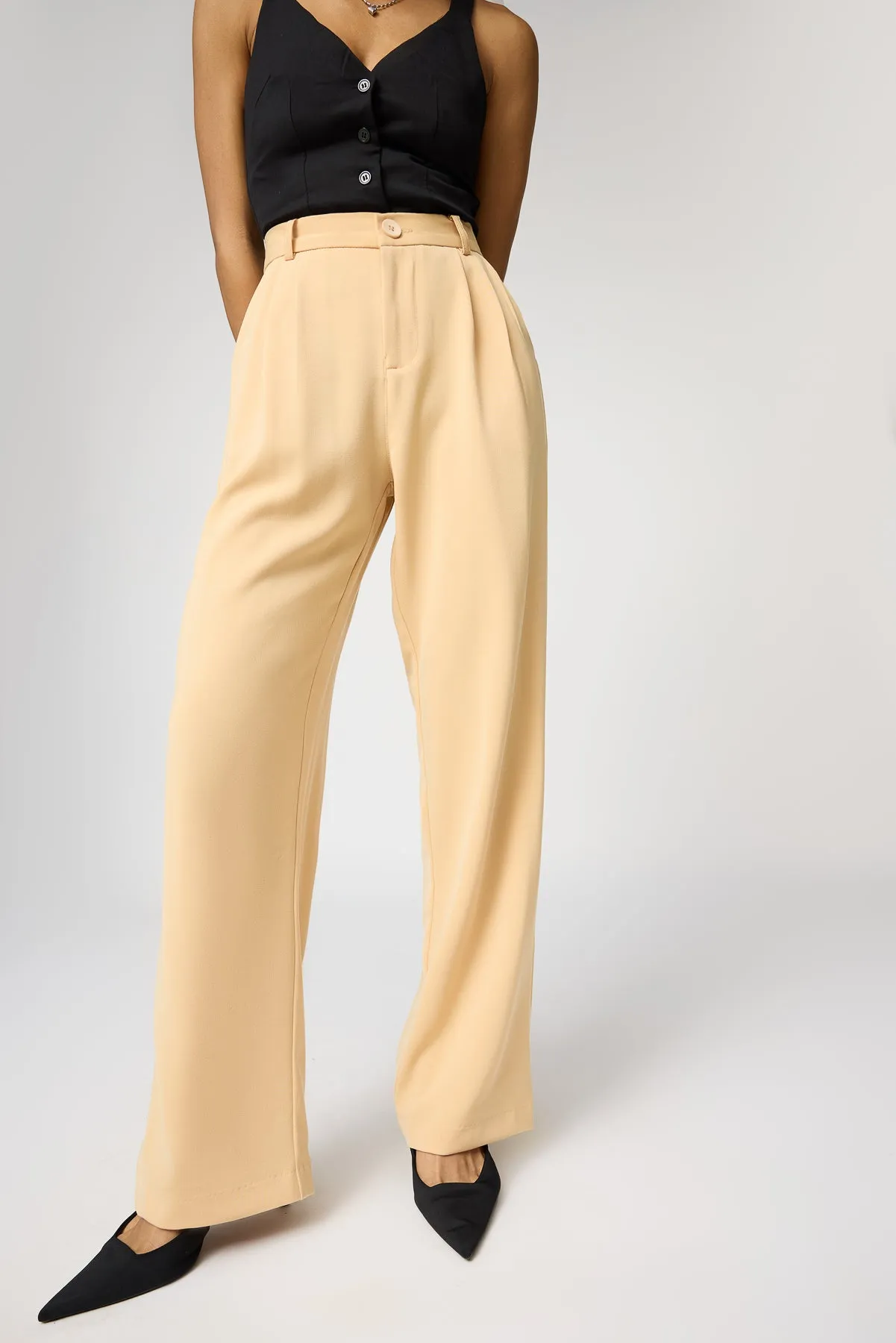 Warm Beige Pleated Straight Korean Pants