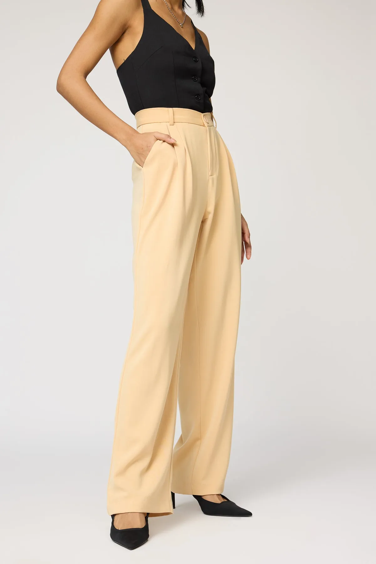 Warm Beige Pleated Straight Korean Pants