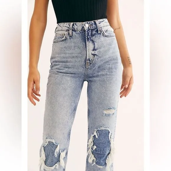 We the Free My Own Lane Distressed Light Wash Bootcut Straight Jeans, Size 29