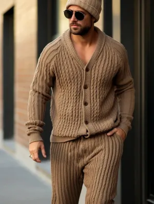 Winter Men's Brown Buttons Thick Knitted Set
