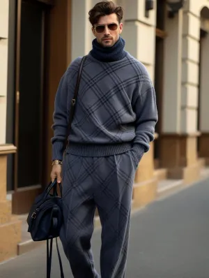 Winter Men's Navy Blue Tartan Thick Knitted Set