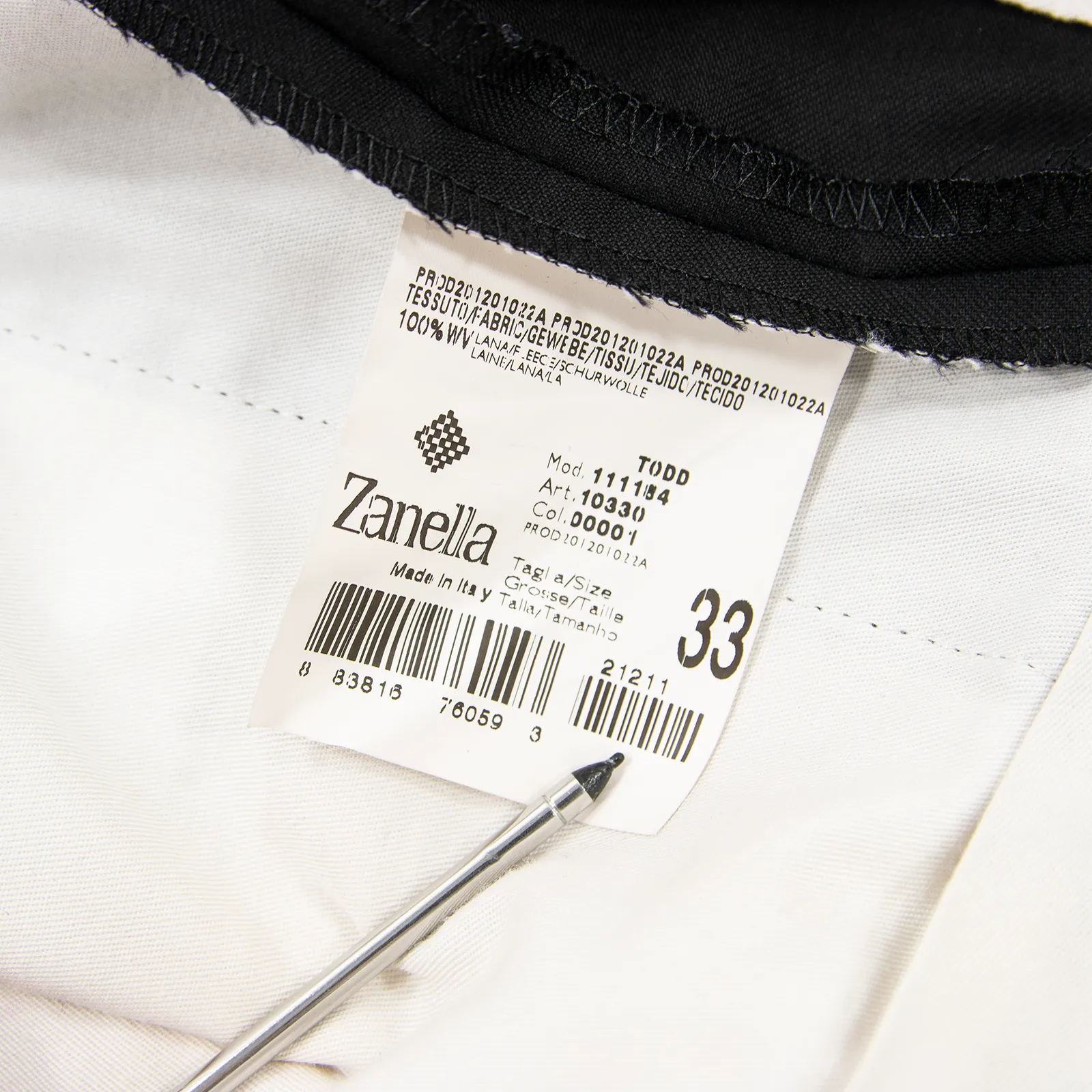 Zanella Todd Jet Black Wool Twill Half Lined Flat Front Dress Pants 33W