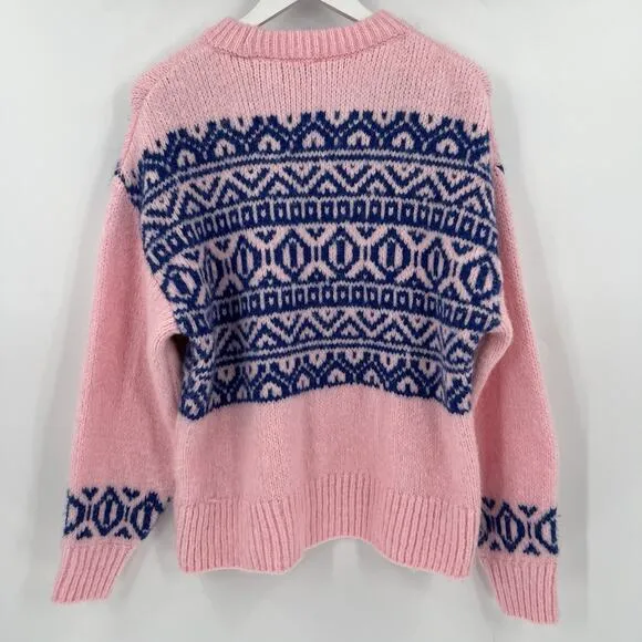 Zara Knit Jacquard Oversized Sweater Pink Blue Pullover Women’s Size Small