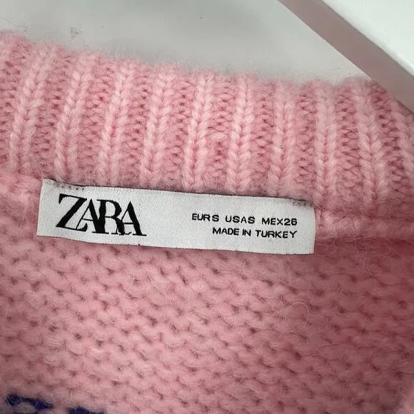 Zara Knit Jacquard Oversized Sweater Pink Blue Pullover Women’s Size Small
