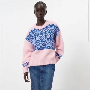 Zara Knit Jacquard Oversized Sweater Pink Blue Pullover Women’s Size Small