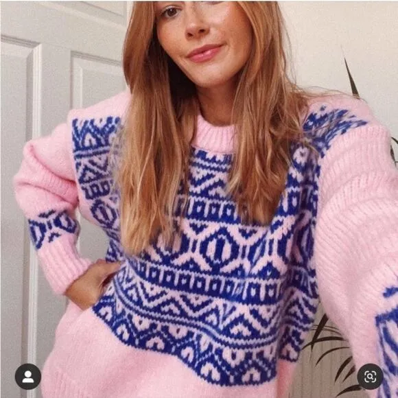 Zara Knit Jacquard Oversized Sweater Pink Blue Pullover Women’s Size Small