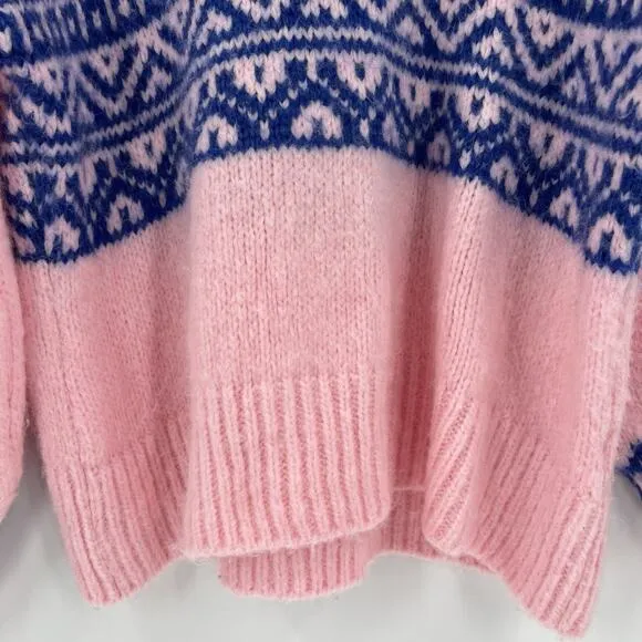 Zara Knit Jacquard Oversized Sweater Pink Blue Pullover Women’s Size Small