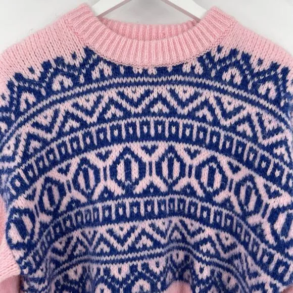 Zara Knit Jacquard Oversized Sweater Pink Blue Pullover Women’s Size Small