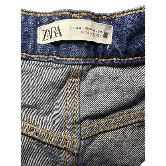 Zara Ripped-Hem Mom Jeans high rise distressed sz 8